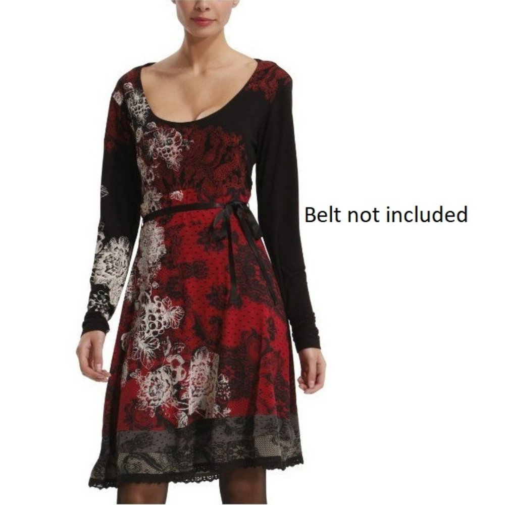 DESIGUAL Scoop Neck Long Sleeve Black & Red Dress - S (PRE-OWNED)
